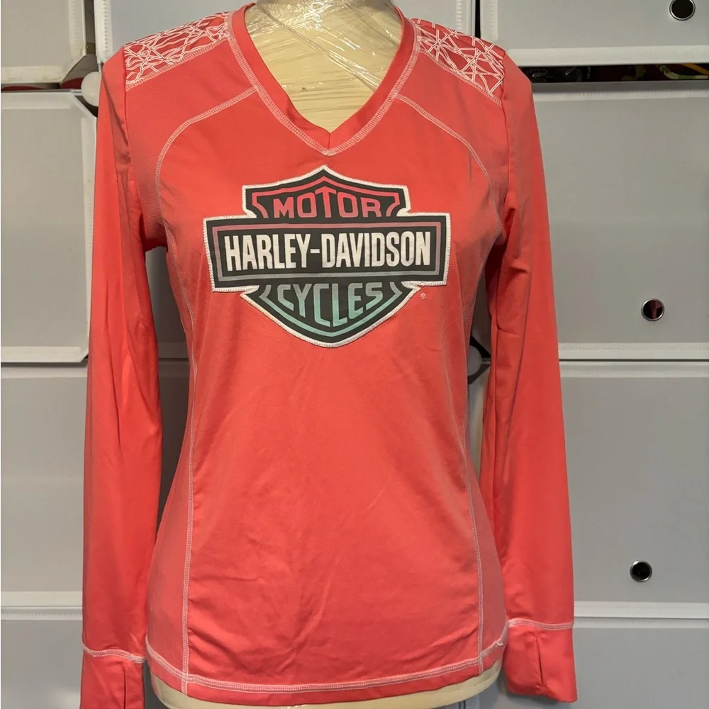 Harley-Davidson Women's V-Neck Coral Long Sleeve Tee - Picture 1 of 6